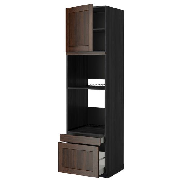 Высокий шкаф для духовки комбинированный, духовка + дверца/2ящ, черный/Эдсерум коричневый 60x60x220 см IKEA МЕТОД / МАКСИМЕРА - фото 1