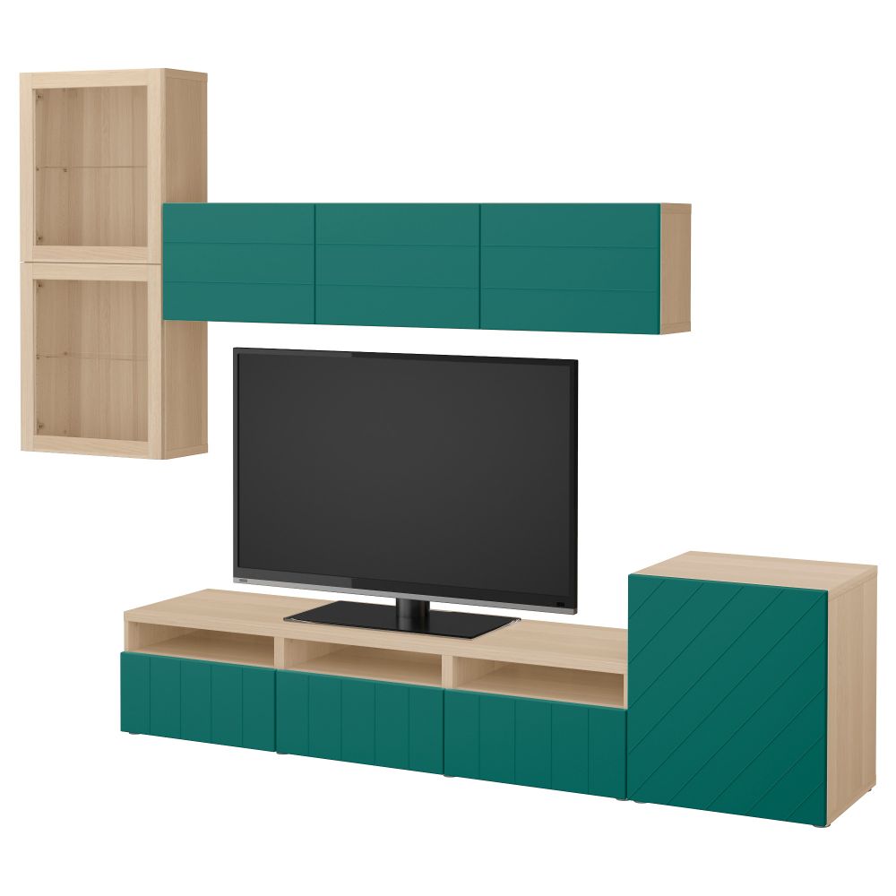 Шкаф для ТВ, комбинированный, стекляные дверцы БЕСТО, под беленый дуб Халлставик, сине-зеленый прозрачное стекло (300x20/40x211 - фото 1