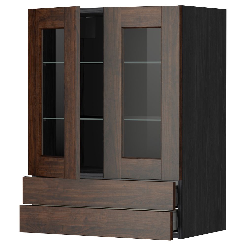 Навесной шкаф, 2 стеклянные дверцы, 2 ящика МЕТОД / МАКСИМЕРА, черный, Эдсерум коричневый - схема-чертеж с размерами