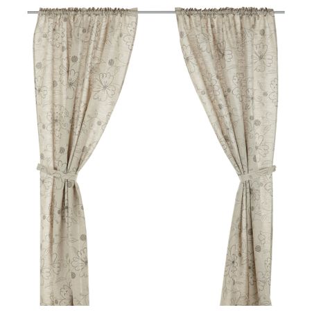 Гардины с прихватом, 1 пара ЛУДДЛОСТА, серый/белый, с цветочным орнаментом (145x270 см)