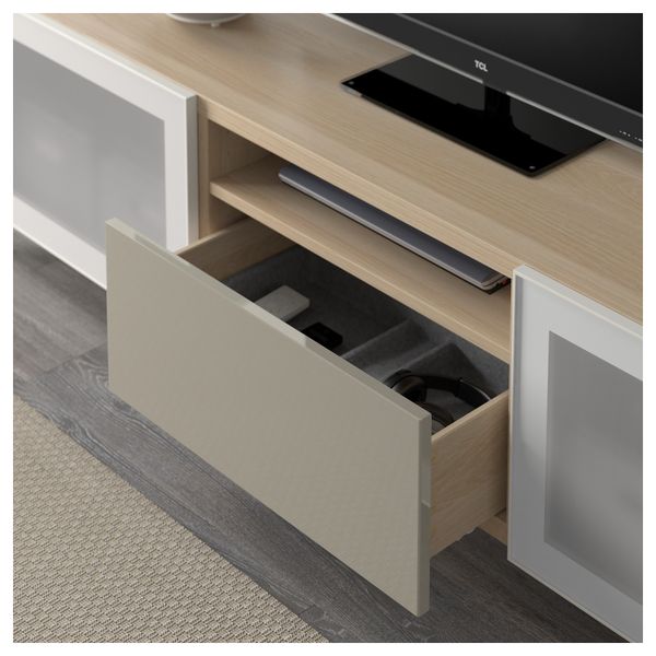 Тумба под ТВ БЕСТО, под беленый дуб, Сельсвикен глянцевый/бежевый матовое стекло (180x40x48 см) - фото 3