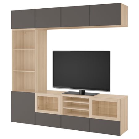 Шкаф для ТВ, комбинированный, стекляные дверцы БЕСТО, под беленый дуб Грундсвикен, темно-серый прозрачное стекло (240x40x230 см)