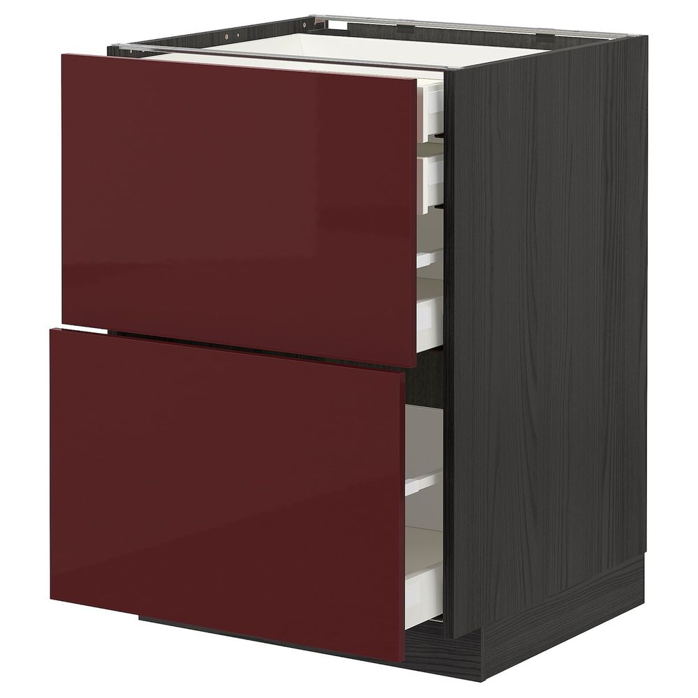 Напольный шкаф 2 фронтальные панели, 2 нижних, 1 средний, 1 высокий ящ, черный Калларп/глянцевый темный красно-коричневый 60x60 - схема-чертеж с размерами