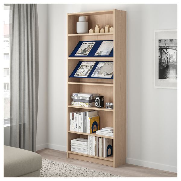 Стеллаж с наклонной полкой БИЛЛИ / БОТТНА, дубовый шпон, беленый, синий (80x28x202 см) - фото 2