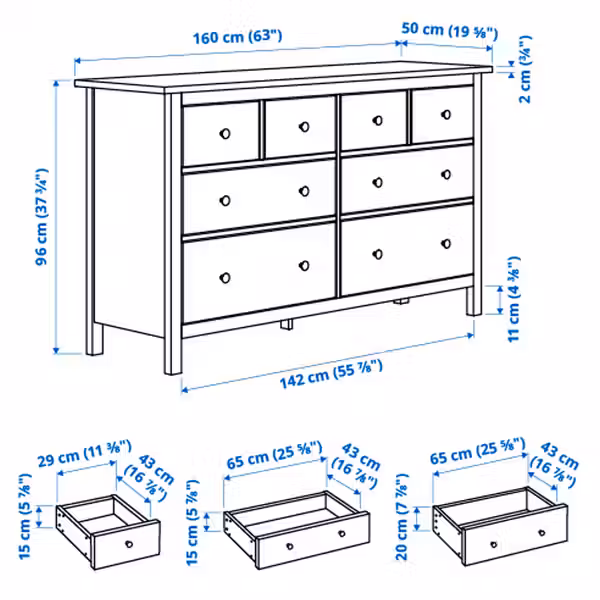 HEMNES Комплект мебели д/спальни, 3 предм. - схема-чертеж с размерами