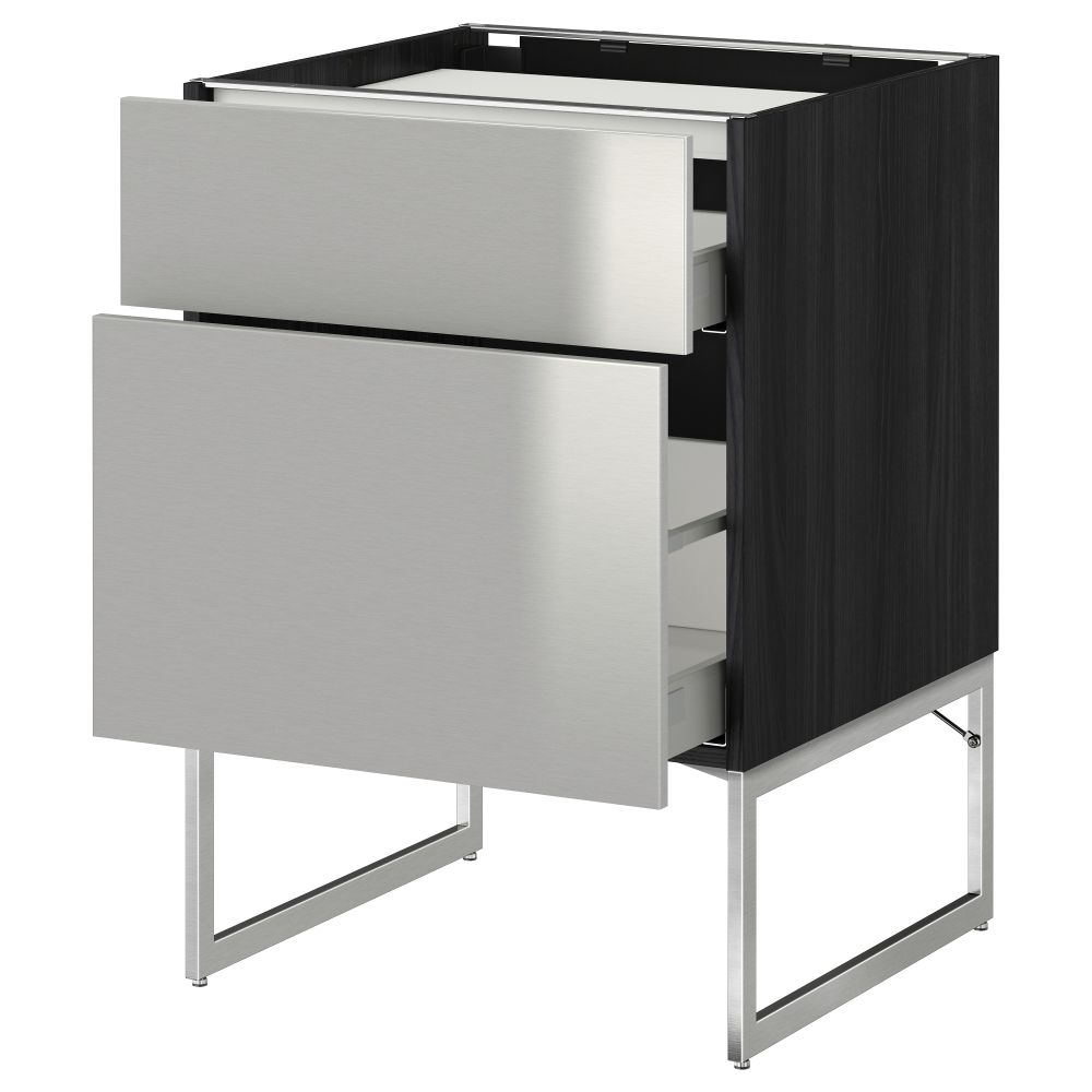 Напольный шкаф, 2 фронтальных панели, 3 ящика МЕТОД / МАКСИМЕРА, черный, Гревста нержавеющ сталь - схема-чертеж с размерами