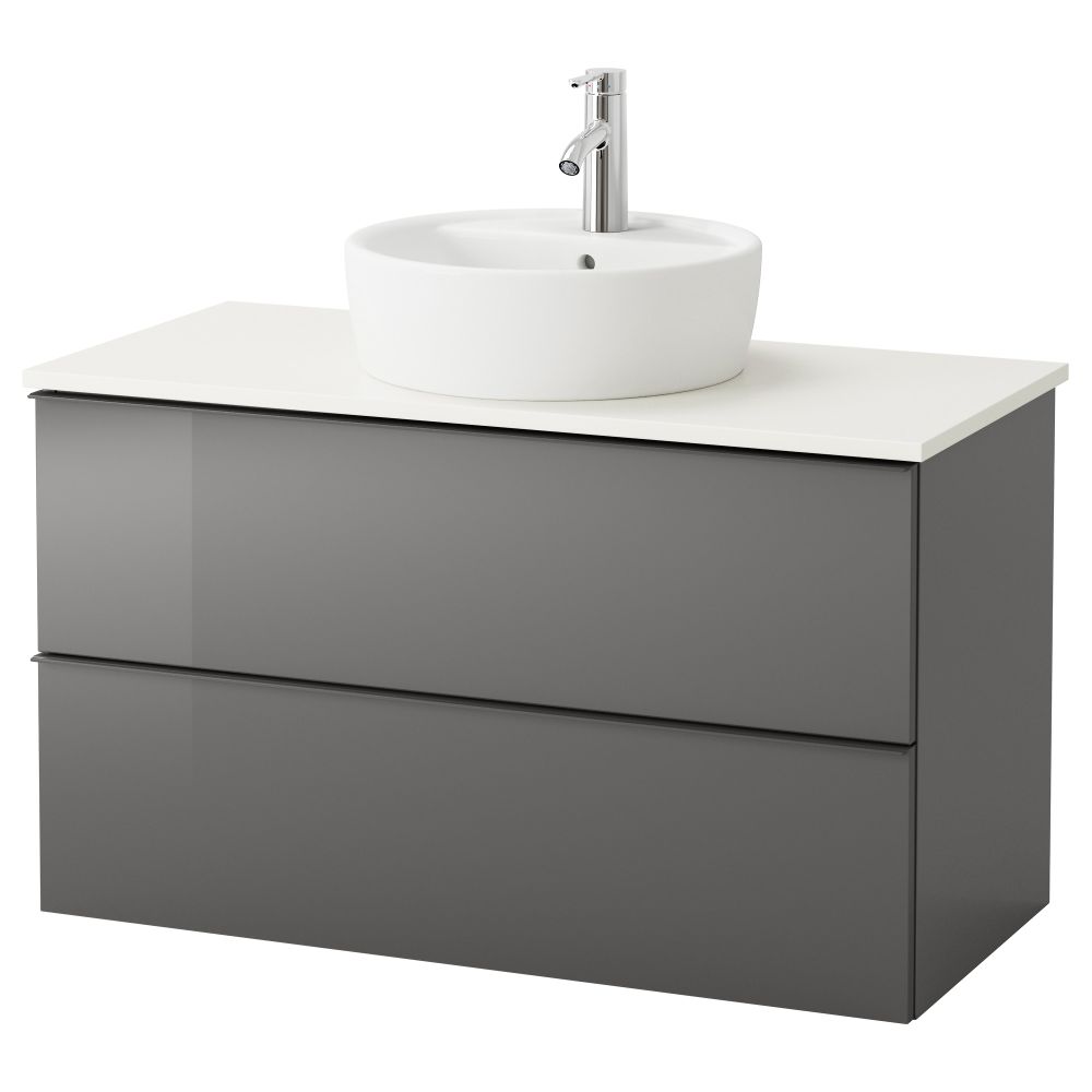 Шкаф п-раковину/столешн45/раковина ГОДМОРГОН/АЛДЕРН / ТОРНВИКЕН, глянцевый серый, белый (102x49x74 см) - схема-чертеж с размерами