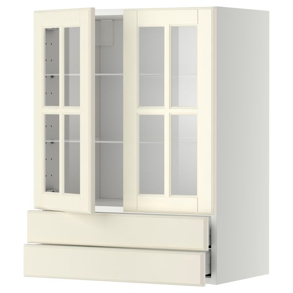 Навесной шкаф, 2 стеклянные дверцы, 2 ящика МЕТОД / МАКСИМЕРА, белый, Будбин белый с оттенком - схема-чертеж с размерами