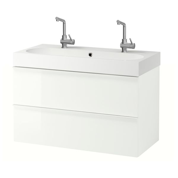 Шкаф для раковины с 2 ящиками ГОДМОРГОН / БРОВИКЕН, глянцевый белый (100x49x68 см) - фото 1