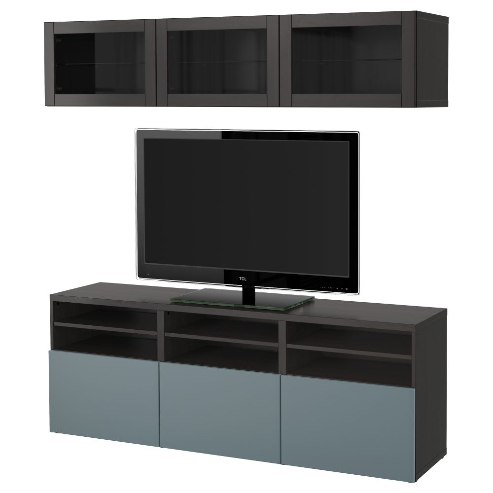 Шкаф для ТВ, комбинированный, стекляные дверцы БЕСТО, черно-коричневый, Вальвикен серо-бирюзовый, прозрачное стекло (180x40x192 - фото 1