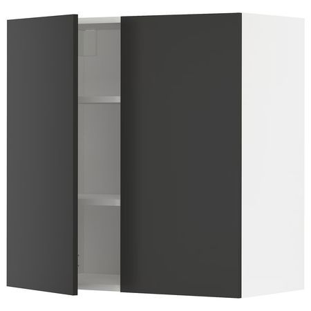 METOD Навесной шкаф с полками/2дверцы - белый/Nickebo матовый антрацит 80x80 см
