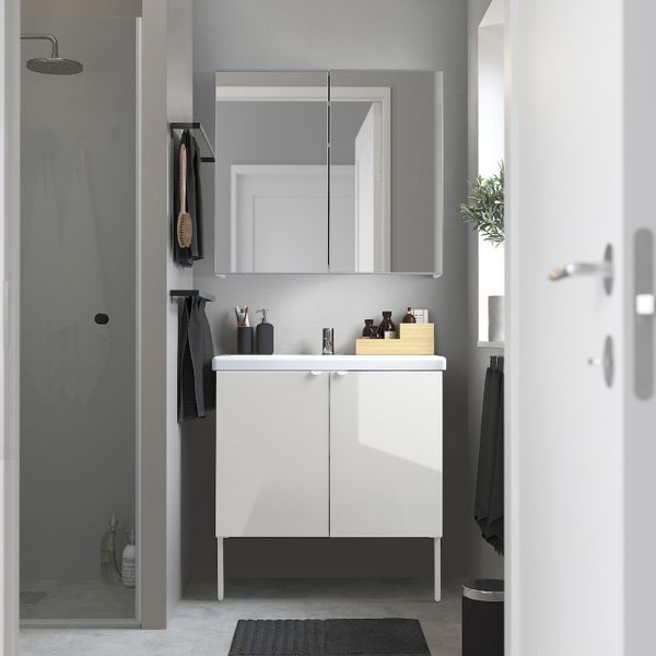 Комплект мебели для ванной,7 предм., глянцевый белый/ПИЛКОН смеситель 84x43x88 см IKEA FISKÅN ФИСКОН / TVÄLLEN ТВЭЛЛЕН - схема-чертеж с размерами