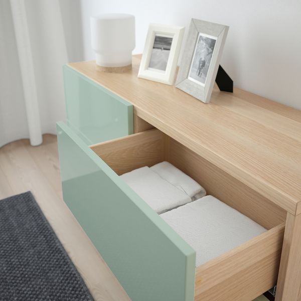 Комбинация для хранения с дверцами/ящ, под беленый дуб, СЕЛЬСВ/СТАЛЛАРП глянцевый/серо-зеленый светлый, 120x40x74 см IKEA БЕСТО - фото 3