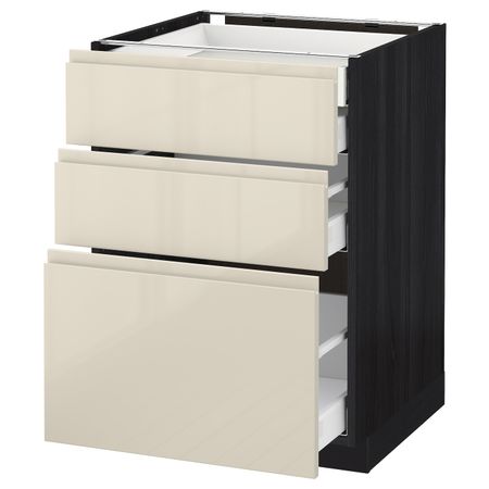Напольный шкаф 3 фронтальные панели, 2 низких, 1 средний, 1 встроенный ящ, черный, Воксторп глянцевый светло-бежевый 60x60 см