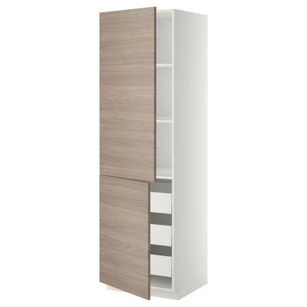 Высокий шкаф + полки, 3 ящика, 2 дверцы МЕТОД / МАКСИМЕРА, белый, Брокхульт светло-серый - фото 1