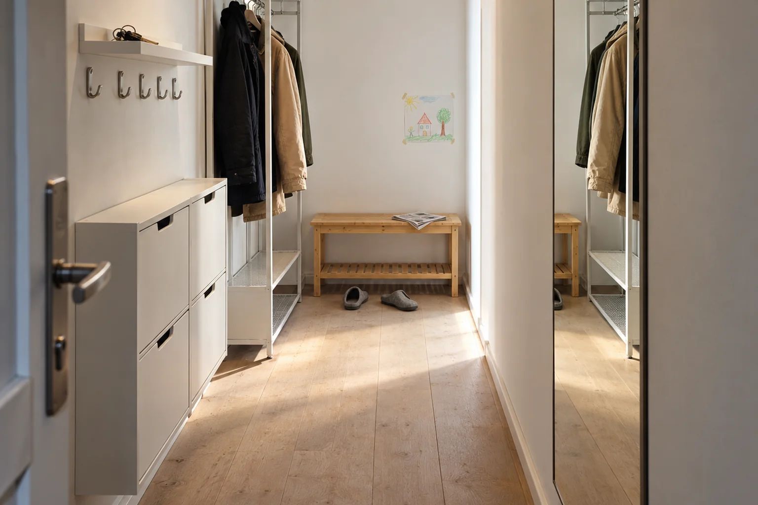 Прихожая 2 м² с настенной системой хранения IKEA: вешалка, обувница, зеркало, скамья и крючки в узком коридоре