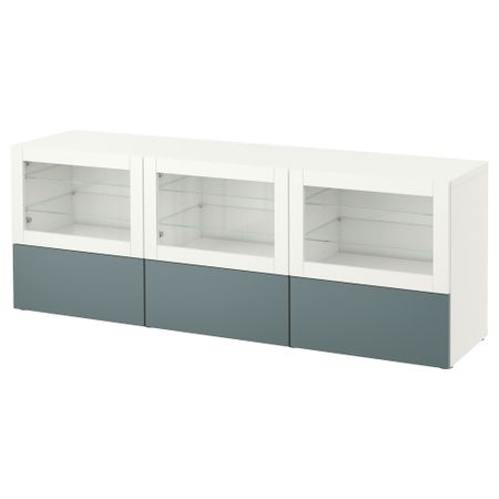 Тумба под ТВ, с дверцами и ящиками БЕСТО, белый, Вальвикен серо-бирюзовый, прозрачное стекло (180x40x64 см)