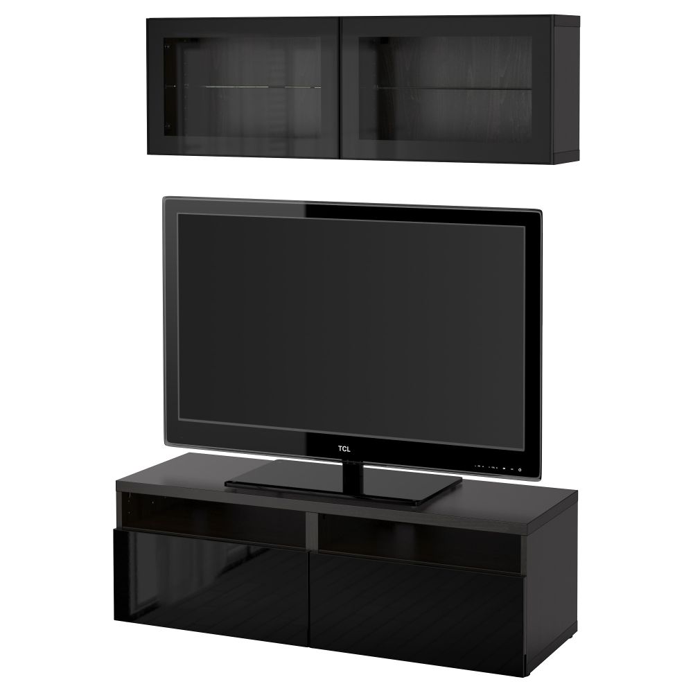 Шкаф для ТВ, комбинированный, стекляные дверцы БЕСТО, черно-коричневый, Сельсвикен глянцевый/черный прозрачное стекло - фото 1