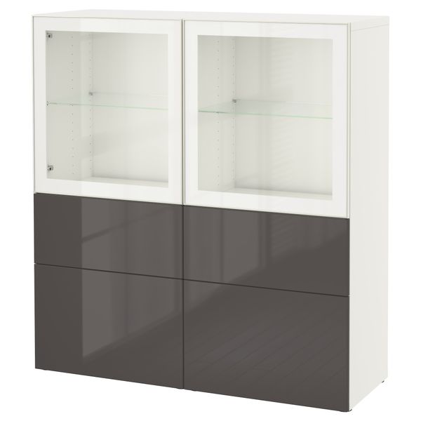 Комбинация для хранения со стеклянными дверцами БЕСТО, белый, Сельсвикен глянцевый/серый прозрачное стекло (120x40x128 см) - фото 1