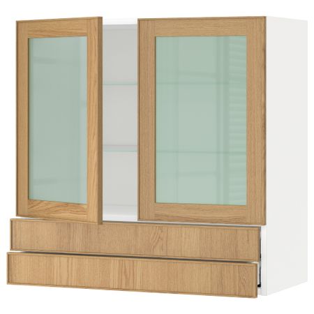 Навесной шкаф, 2 стеклянные дверцы, 2 ящика МЕТОД / МАКСИМЕРА, белый, Экестад дуб