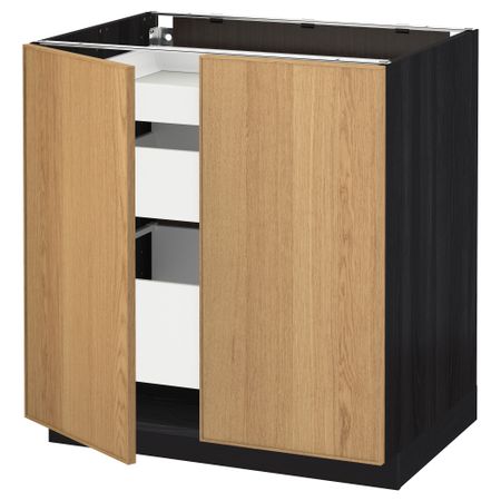Напольный шкаф с 2 дверцами, 3 ящиками МЕТОД / МАКСИМЕРА, черный, Экестад дуб (80x60 см)