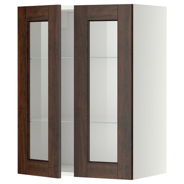 Навесной шкаф/полки/2стеклян двери, белый/Эдсерум коричневый 60x80 см IKEA METOD МЕТОД 994.470.06 - фото 1