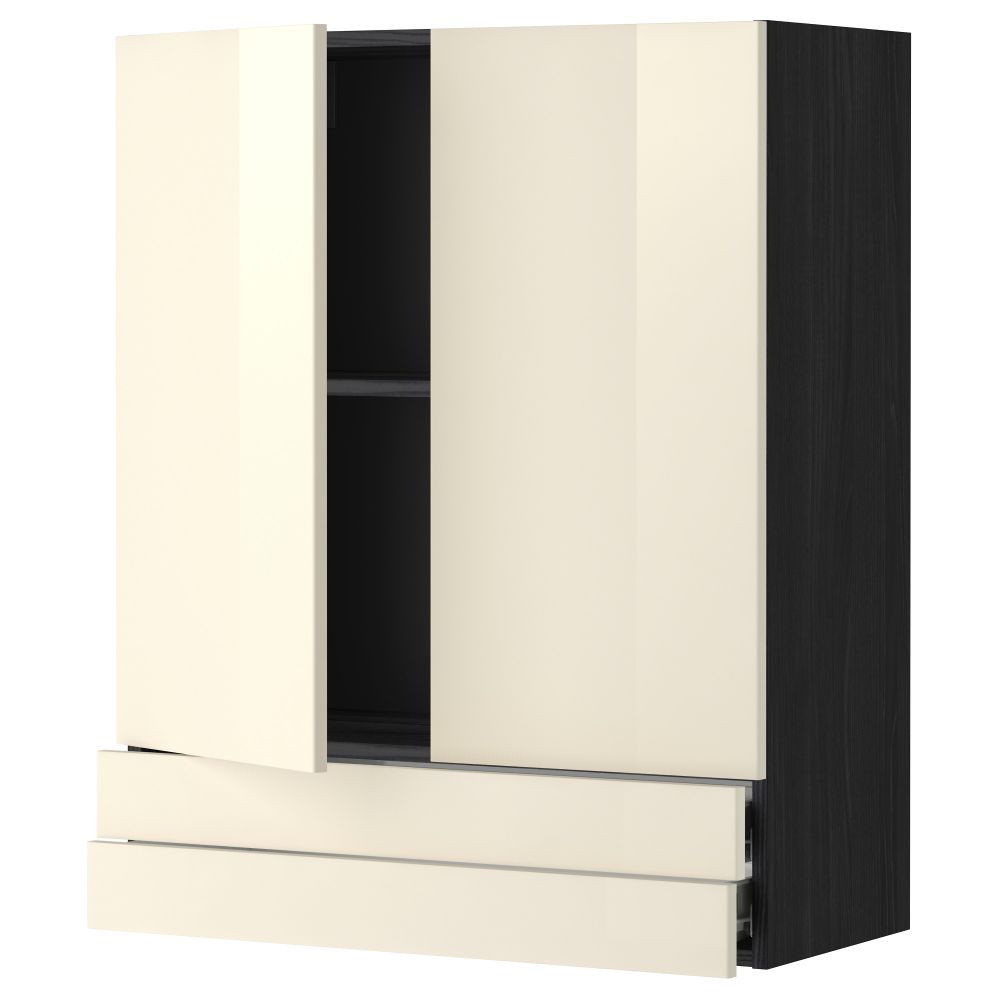 Навесной шкаф, 2 дверцы, 2 ящика МЕТОД / ФОРВАРА, черный, Рингульт кремовый - фото 1