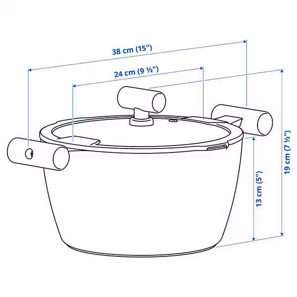 KLIPPFISK КЛИППФИСК Кастрюля с крышкой - антипригарное покрытие стекло/дерево черно-синий 5 л - схема-чертеж с размерами