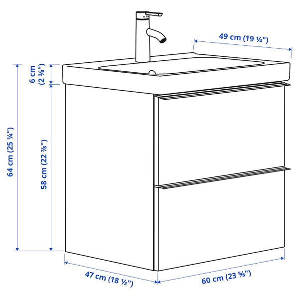 Шкаф для раковины с 2 ящ, под беленый дуб/ДАЛЬШЕР смеситель 63x49x64 см IKEA GODMORGON ГОДМОРГОН / ODENSVIK ОДЕНСВИК 492.925.87 - схема-чертеж с размерами