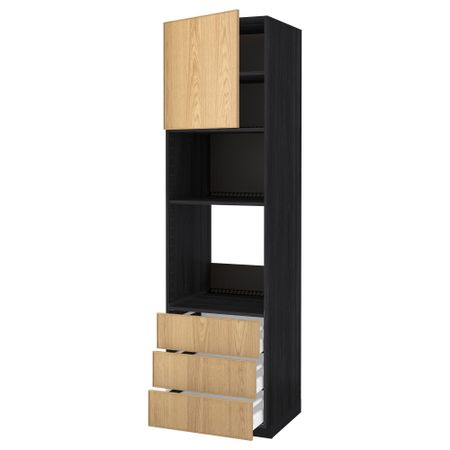 Высокий шкаф для духовки/СВЧ дверца, 3 ящика МЕТОД / МАКСИМЕРА, черный, Экестад дуб