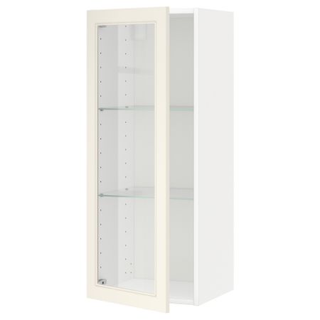 Навесной шкаф с полками, стекляными дверцы МЕТОД, белый, Хитарп белый с оттенком