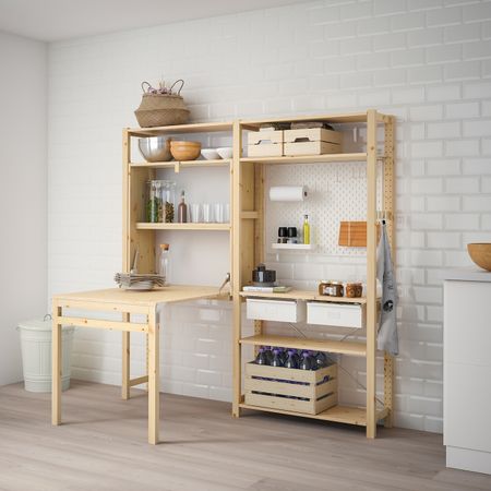 2 секции для хранения + складной столик, сосна, белый 174x30-104x179 см IKEA ИВАР 492.481.70