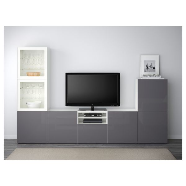 Шкаф для ТВ, комбинированный, стекляные дверцы БЕСТО, белый, Сельсвикен глянцевый/серый прозрачное стекло (300x40x192 см) - фото 2