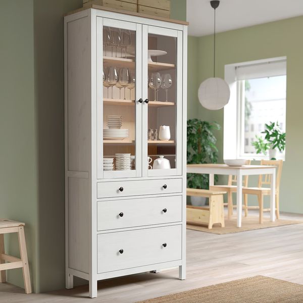 HEMNES Шкаф-витрина с 3 ящиками - белая морилка/светло-коричневый 90x197 см - фото 8