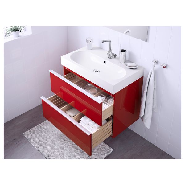 Шкаф для раковины с 2 ящиками ГОДМОРГОН / БРОВИКЕН, глянцевый красный (80x49x68 см) - фото 4