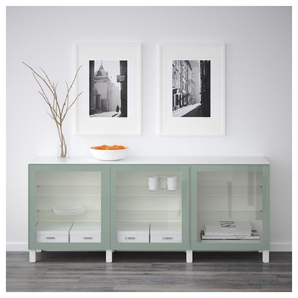 Комбинация для хранения с дверцами БЕСТО, белый Глассвик, глянцевый/серо-зеленый светлый прозрачное стекло (180x42x74 см) - схема-чертеж с размерами