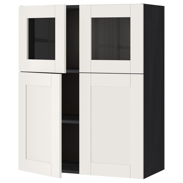 Навесной шкаф, полки, 2 двери, 2 стеклянные дверцы МЕТОД, черный, Сэведаль белый (80x100 см) - схема-чертеж с размерами