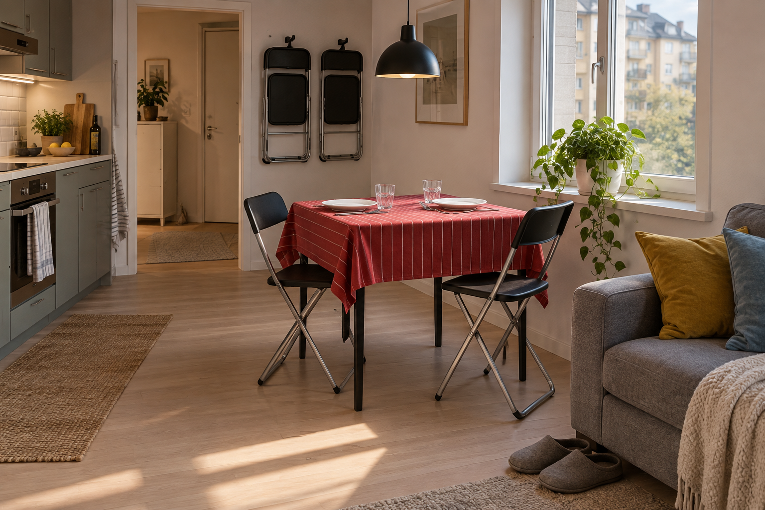 Обеденная группа за 900 BYN в кухне-гостиной: чёрный стол IKEA SANDSBERG, складные стулья GUNDE, скатерть VIPPSTARR