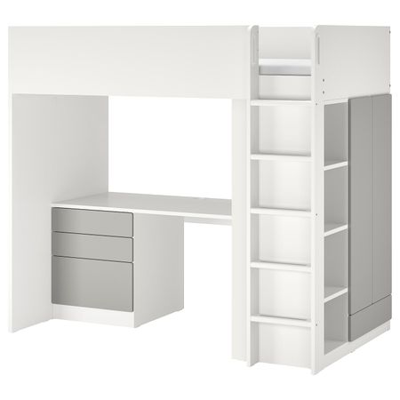 Кровать-чердак, белый серый/с письменным столом с 4 ящиками 90x200 см IKEA SMÅSTAD СМОСТАД 094.436.25