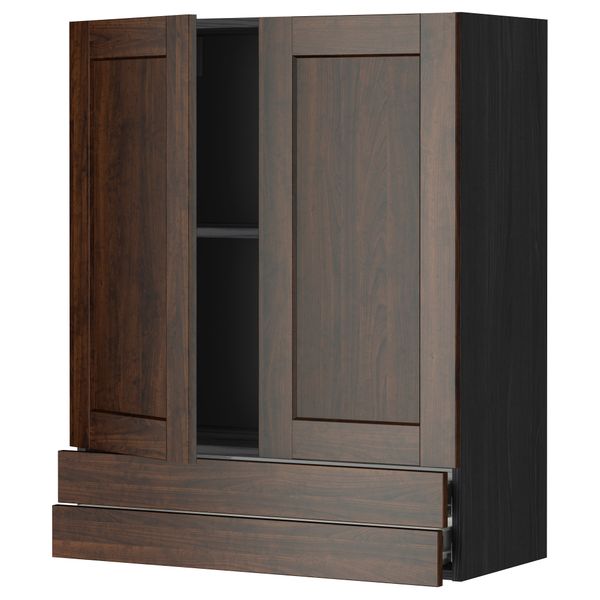 Навесной шкаф, 2 дверцы, 2 ящика МЕТОД / ФОРВАРА, черный, Эдсерум коричневый - фото 1