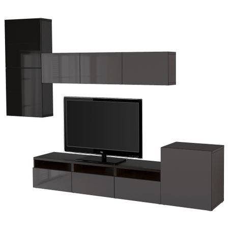 Шкаф для ТВ, комбинированный, стекляные дверцы БЕСТО, черно-коричневый, Сельсвикен глянцевый/серый дымчатое стекло