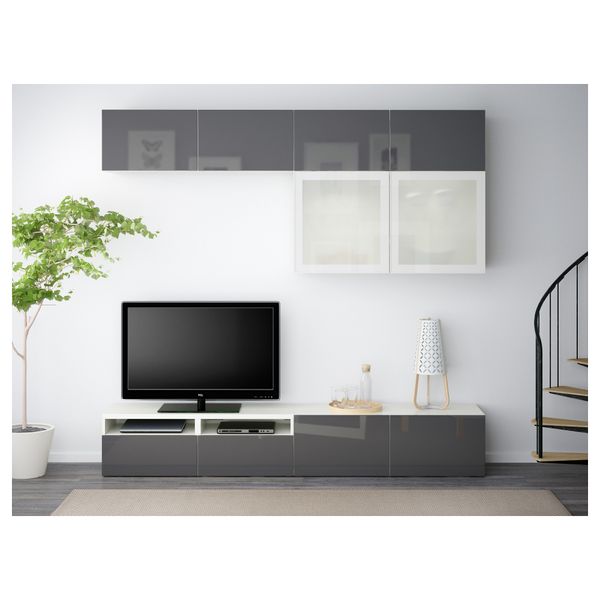 Шкаф для ТВ, комбинированный, стекляные дверцы БЕСТО, белый, Сельсвикен глянцевый/серый матовое стекло (240x40x230 см) - фото 2