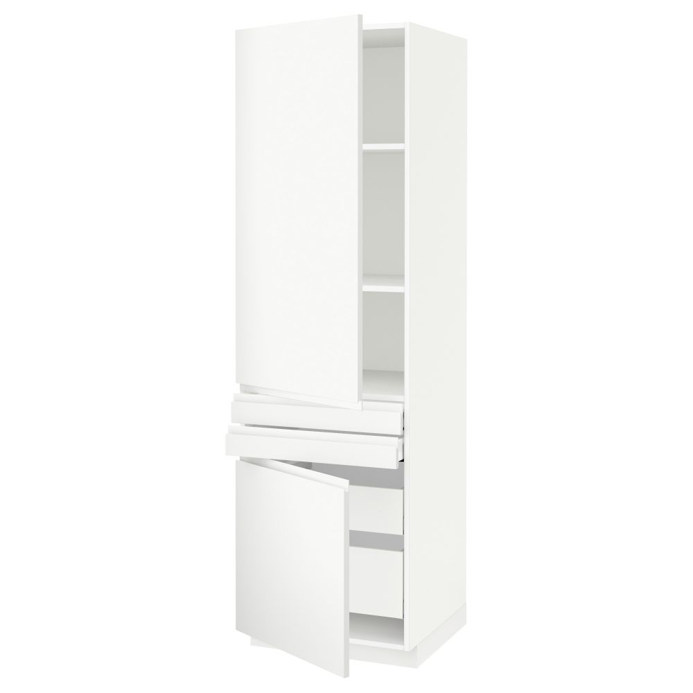 Высокий шкаф + полки, 4 ящик, 2 двери, 2 фронтальные МЕТОД / МАКСИМЕРА, белый, Воксторп белый (60x60x200 см) - схема-чертеж с размерами