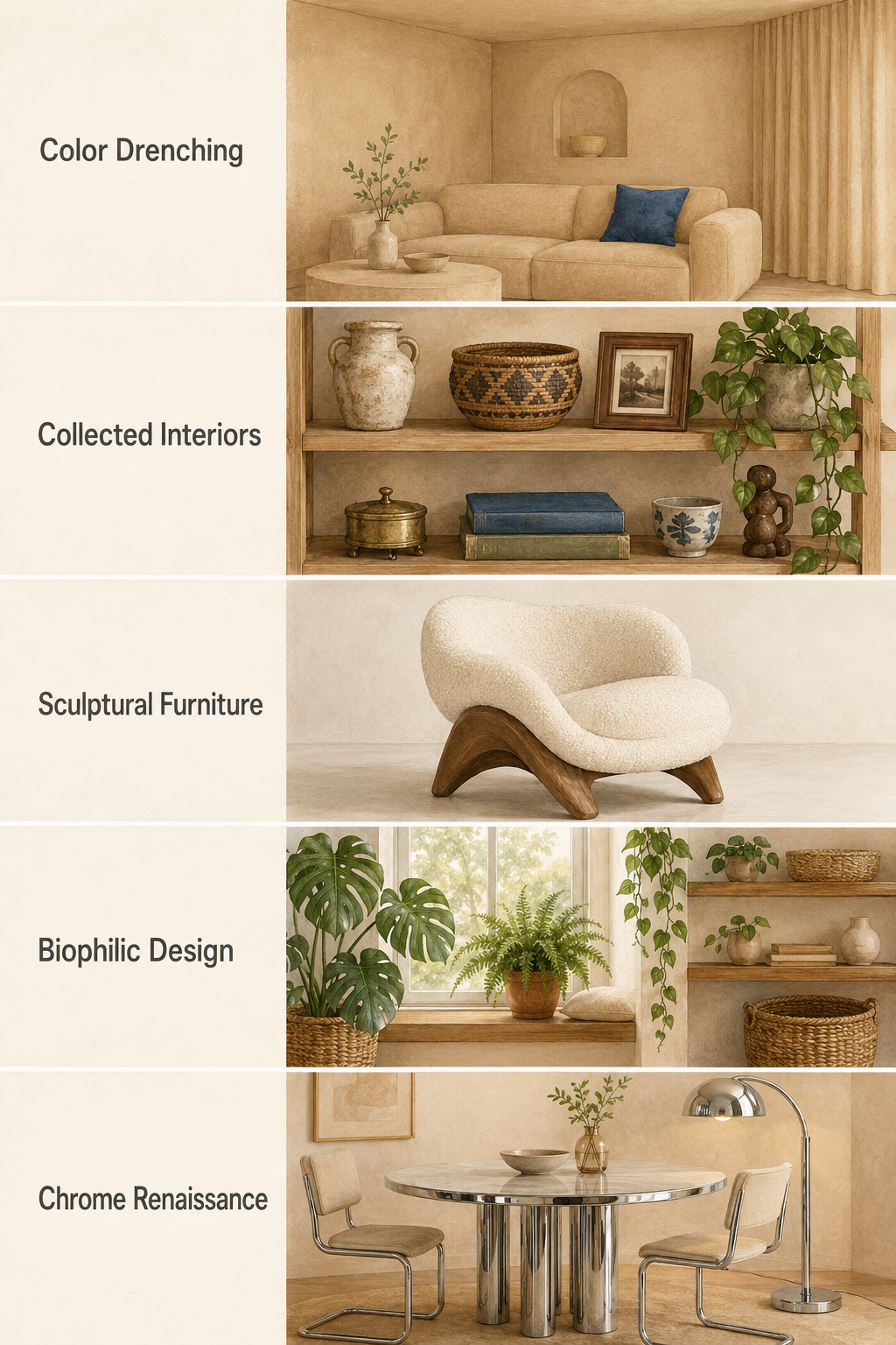 5 трендовых идей: color drenching, collected interiors, скульптурная мебель, биофильный дизайн, хром