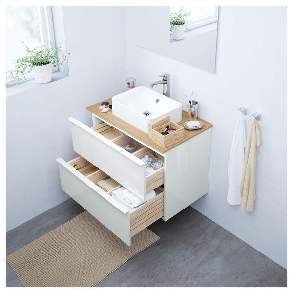 Шкаф со столешницей 45x32 раковина ГОДМОРГОН/ТОЛКЕН / ХОРВИК, глянцевый белый, бамбук (82x49x72 см) - фото 2