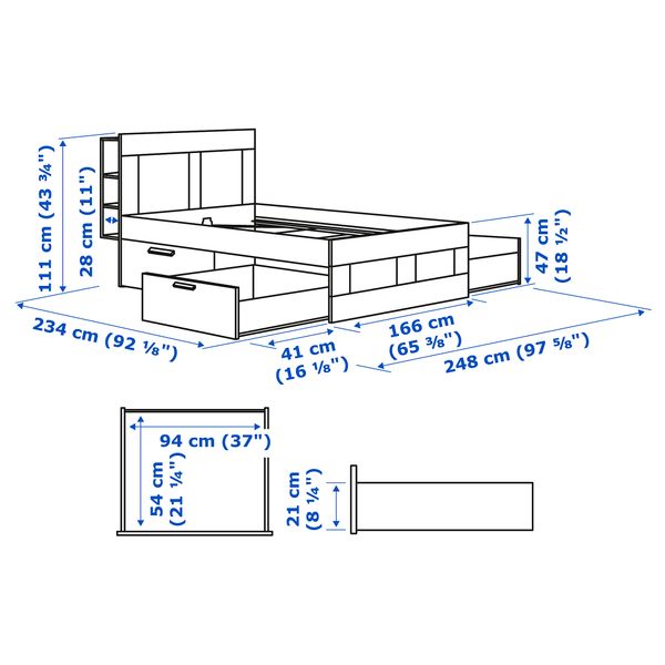 Каркас кровати с изголовьем, белый, 160x200 см IKEA BRIMNES БРИМНЭС 190.106.45 - схема-чертеж с размерами