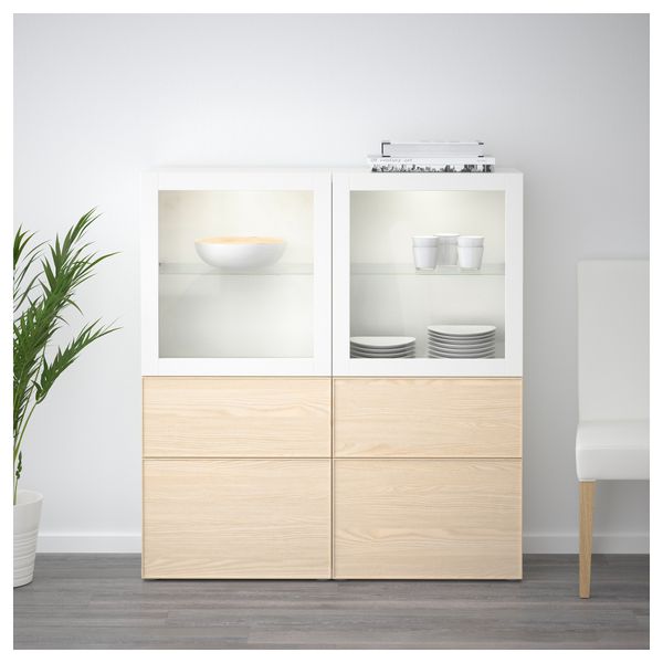 Комбинация для хранения со стеклянными дверцами БЕСТО, белый, Инвикен ясеневый шпон (120x40x128 см) - фото 2