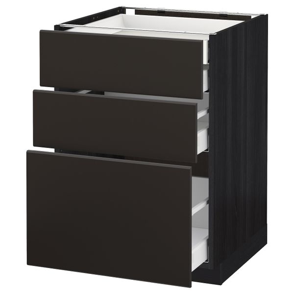 Напольный шкаф 3 фронтальные панели, 2 низких, 1 средний, 1 встроенный ящ, черный/Кунгсбакка антрацит 60x60 см IKEA МЕТОД / - схема-чертеж с размерами