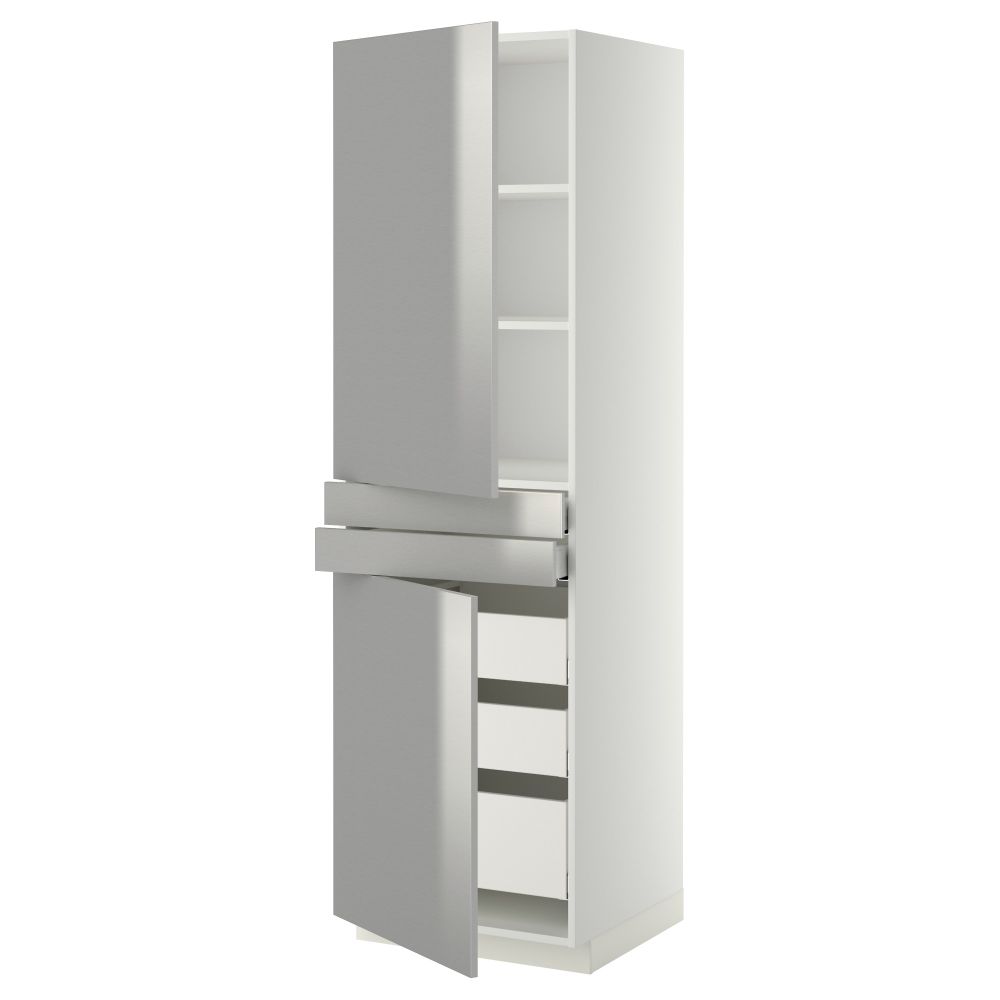 Высокий шкаф + полки, 5 ящиков, 2 дверцы, 2 фронтальных МЕТОД / МАКСИМЕРА, белый, Гревста нержавеющ сталь - фото 1