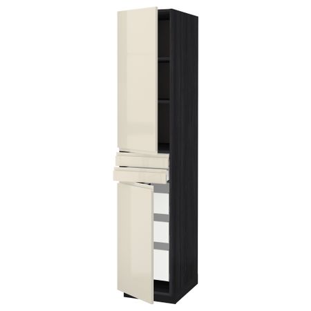 Высокий шкаф + полки, 5 ящиков, 2 дверцы, 2 фронтальных МЕТОД / МАКСИМЕРА, черный, Воксторп глянцевый светло-бежевый